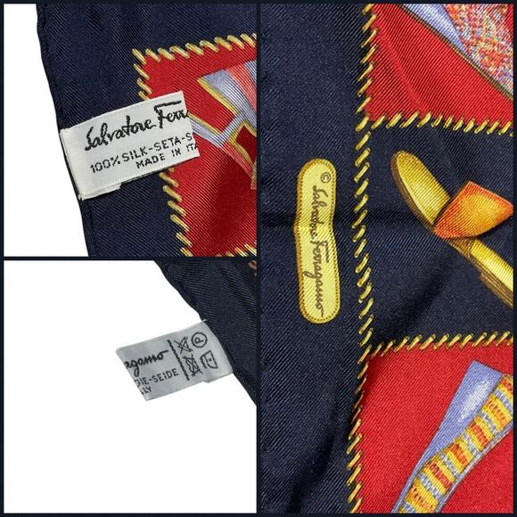 Salvatore Ferragamo Vintage 100% Silk Shoe Designs Scarf 16” Square Red Blue - Picture 5 of 12